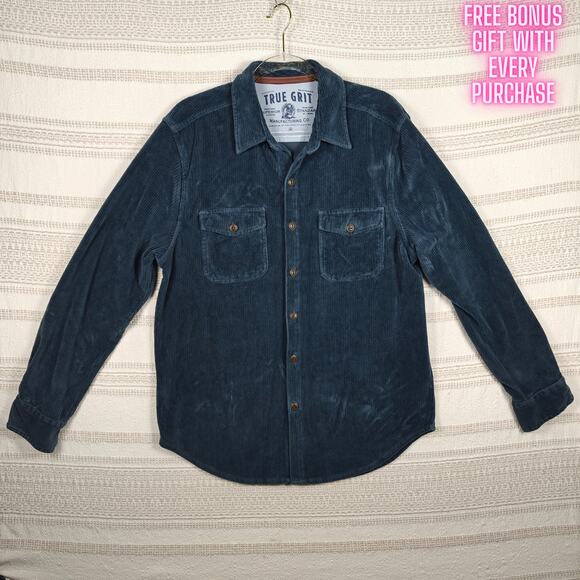 True Grit Men’s Long Sleeve Corduroy Button Up Shirt Blue Gray Size M Used - Picture 1 of 9
